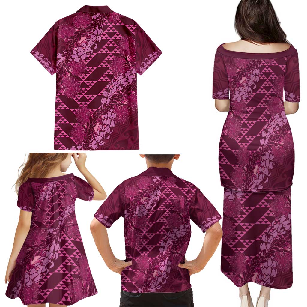 Pink Aloha Hawaii Family Matching Puletasi and Hawaiian Shirt Hawaiian Kakau Ohia Lehua Lei LT14 - Polynesian Pride