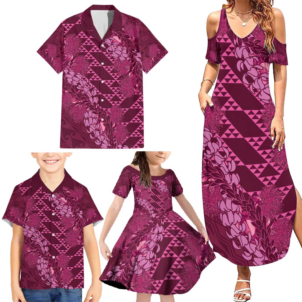 Pink Aloha Hawaii Family Matching Summer Maxi Dress and Hawaiian Shirt Hawaiian Kakau Ohia Lehua Lei LT14 - Polynesian Pride