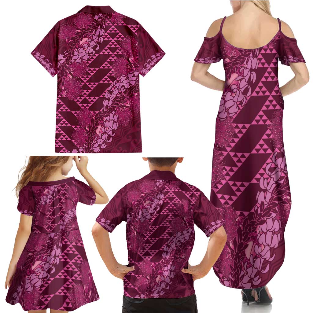 Pink Aloha Hawaii Family Matching Summer Maxi Dress and Hawaiian Shirt Hawaiian Kakau Ohia Lehua Lei LT14 - Polynesian Pride