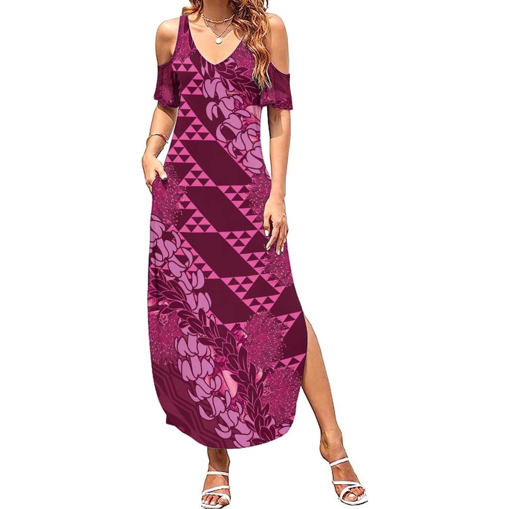 Pink Aloha Hawaii Family Matching Summer Maxi Dress and Hawaiian Shirt Hawaiian Kakau Ohia Lehua Lei LT14 Mom's Dress Pink - Polynesian Pride