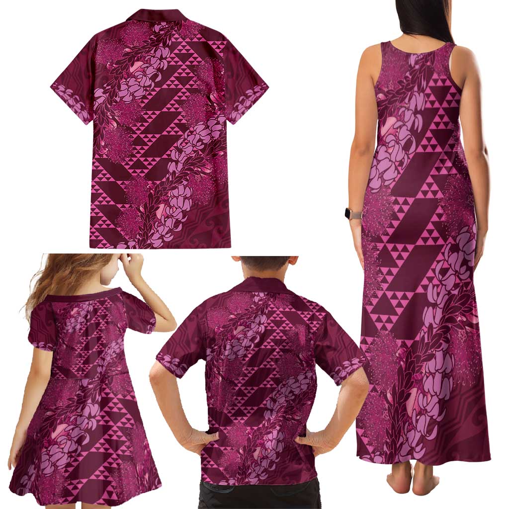 Pink Aloha Hawaii Family Matching Tank Maxi Dress and Hawaiian Shirt Hawaiian Kakau Ohia Lehua Lei LT14 - Polynesian Pride