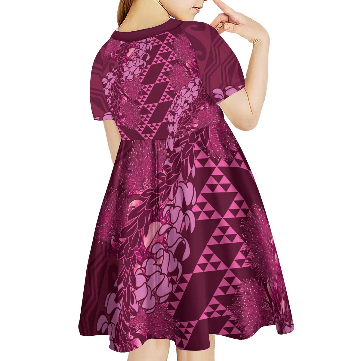 Pink Aloha Hawaii Kid Short Sleeve Dress Hawaiian Kakau Ohia Lehua Lei - Polynesian Pride