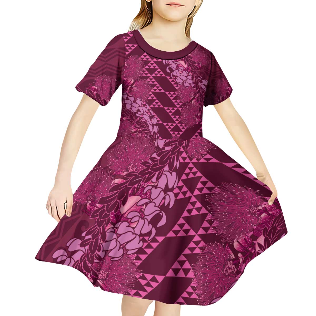 Pink Aloha Hawaii Kid Short Sleeve Dress Hawaiian Kakau Ohia Lehua Lei - Polynesian Pride