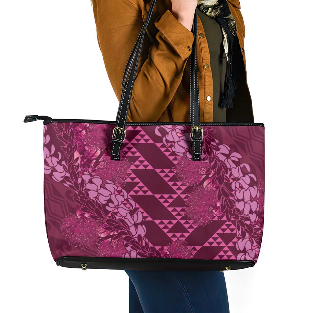 Pink Aloha Hawaii Leather Tote Bag Hawaiian Kakau Ohia Lehua Lei - Polynesian Pride