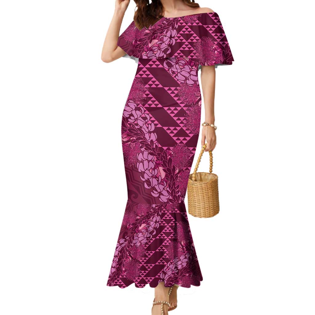 Pink Aloha Hawaii Mermaid Dress Hawaiian Kakau Ohia Lehua Lei - Polynesian Pride