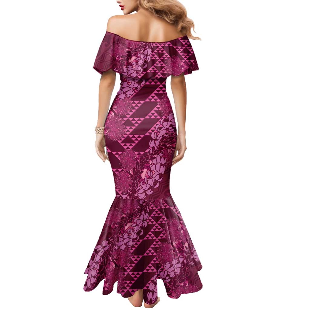 Pink Aloha Hawaii Mermaid Dress Hawaiian Kakau Ohia Lehua Lei - Polynesian Pride