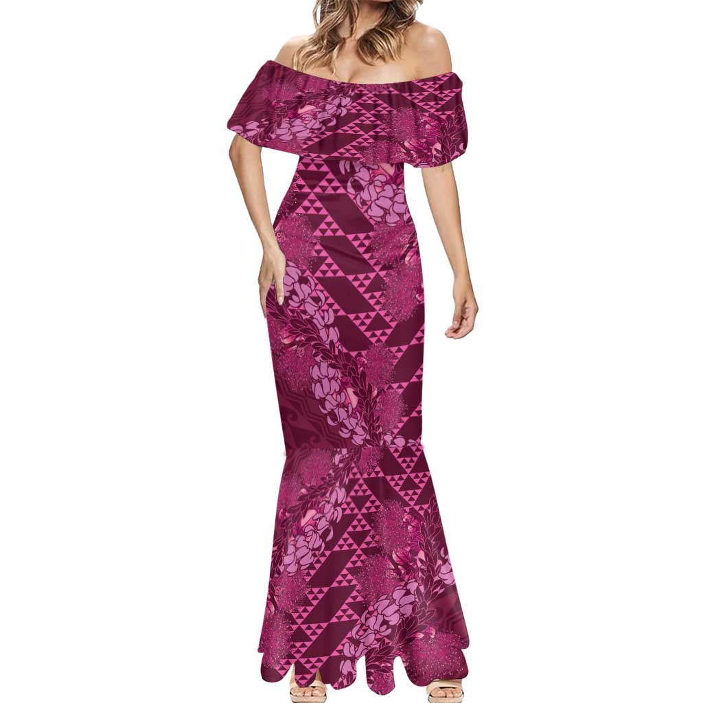 Pink Aloha Hawaii Mermaid Dress Hawaiian Kakau Ohia Lehua Lei - Polynesian Pride