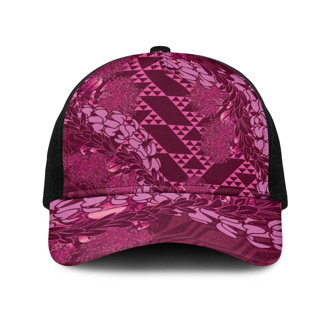 Pink Aloha Hawaii Mesh Trucker Cap Hawaiian Kakau Ohia Lehua Lei - Polynesian Pride
