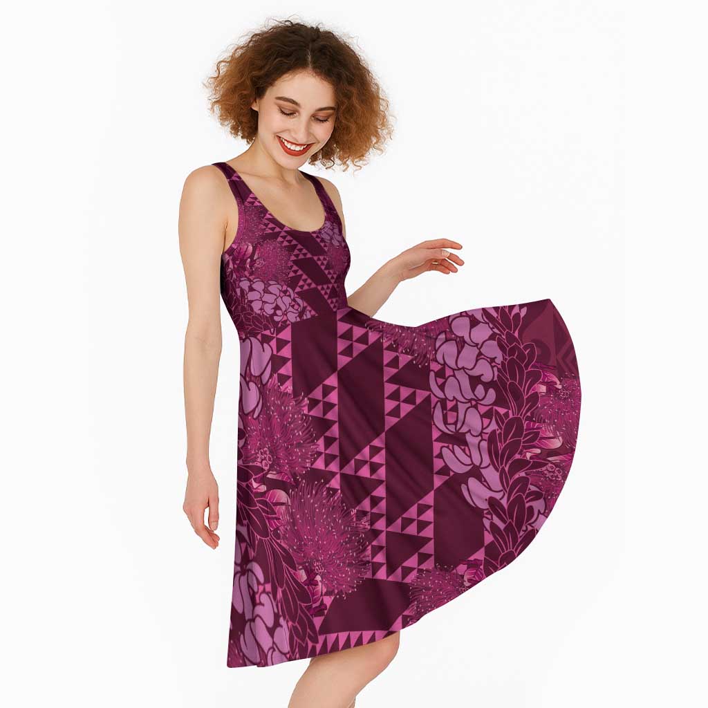 Pink Aloha Hawaii Midi Dress Hawaiian Kakau Ohia Lehua Lei - Polynesian Pride