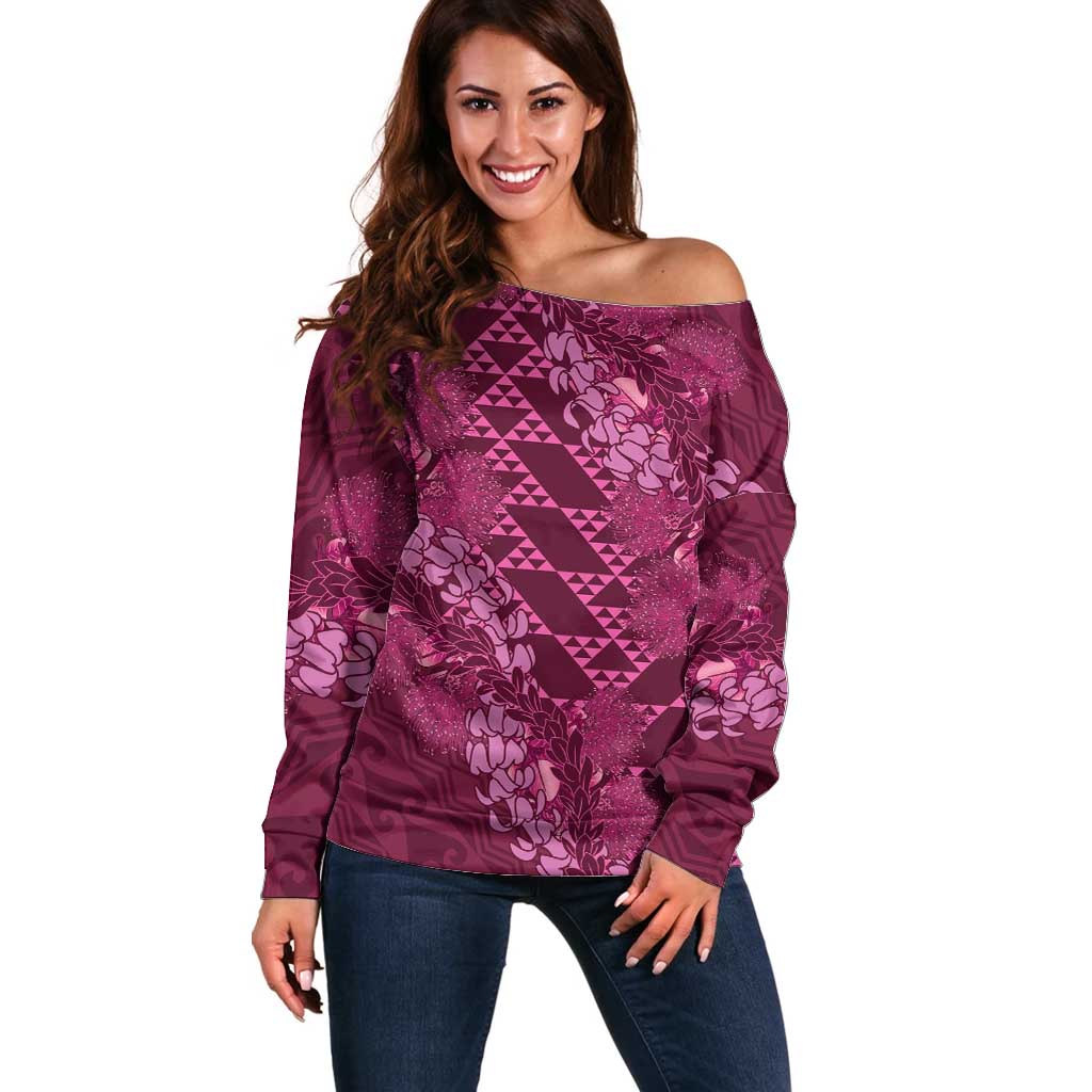 Pink Aloha Hawaii Off Shoulder Sweater Hawaiian Kakau Ohia Lehua Lei - Polynesian Pride