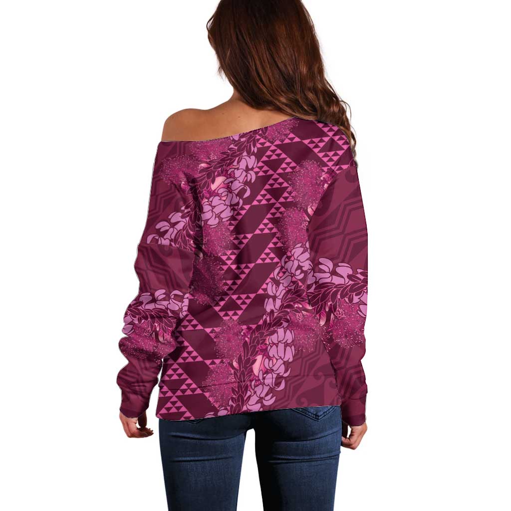 Pink Aloha Hawaii Off Shoulder Sweater Hawaiian Kakau Ohia Lehua Lei - Polynesian Pride