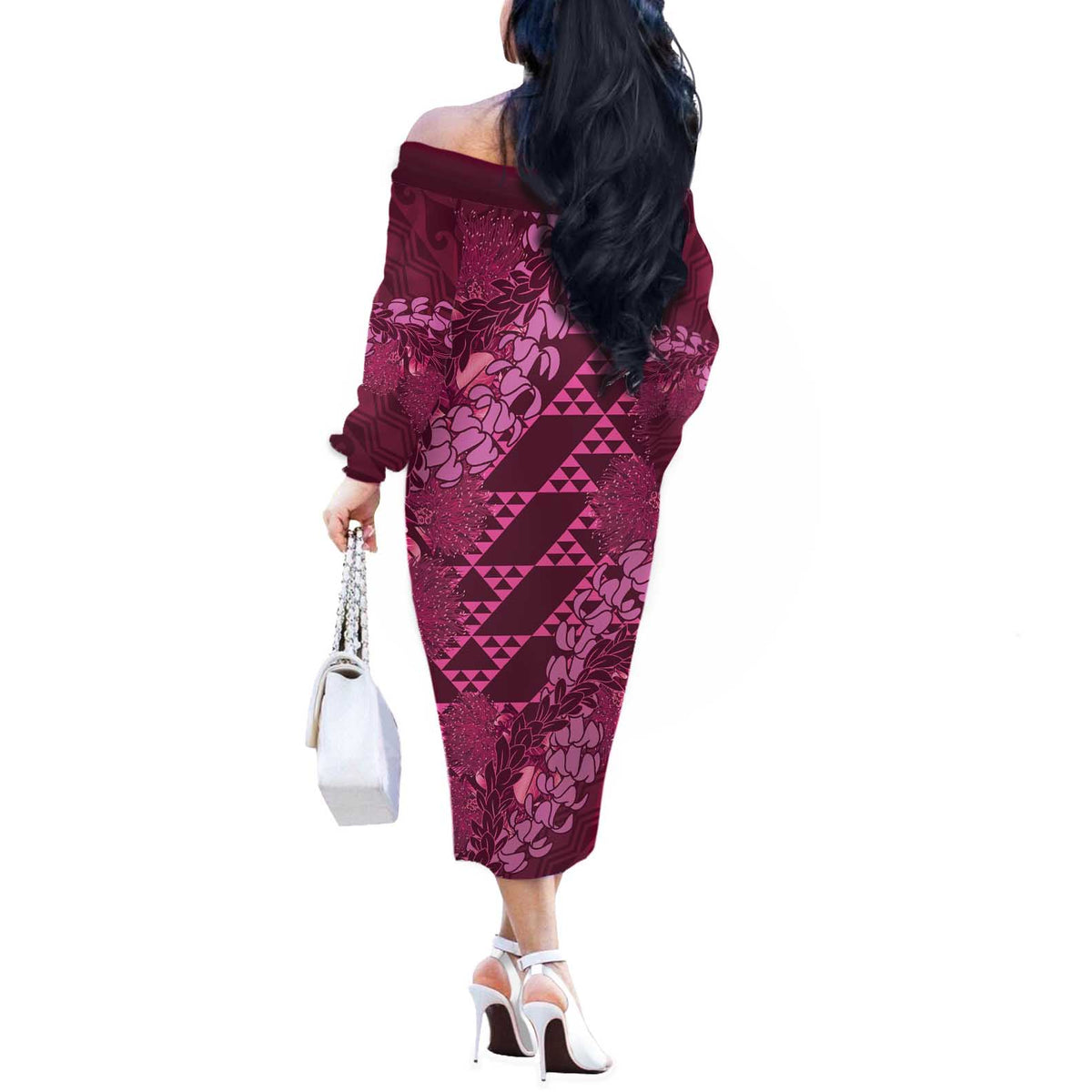 Pink Aloha Hawaii Off The Shoulder Long Sleeve Dress Hawaiian Kakau Ohia Lehua Lei - Polynesian Pride