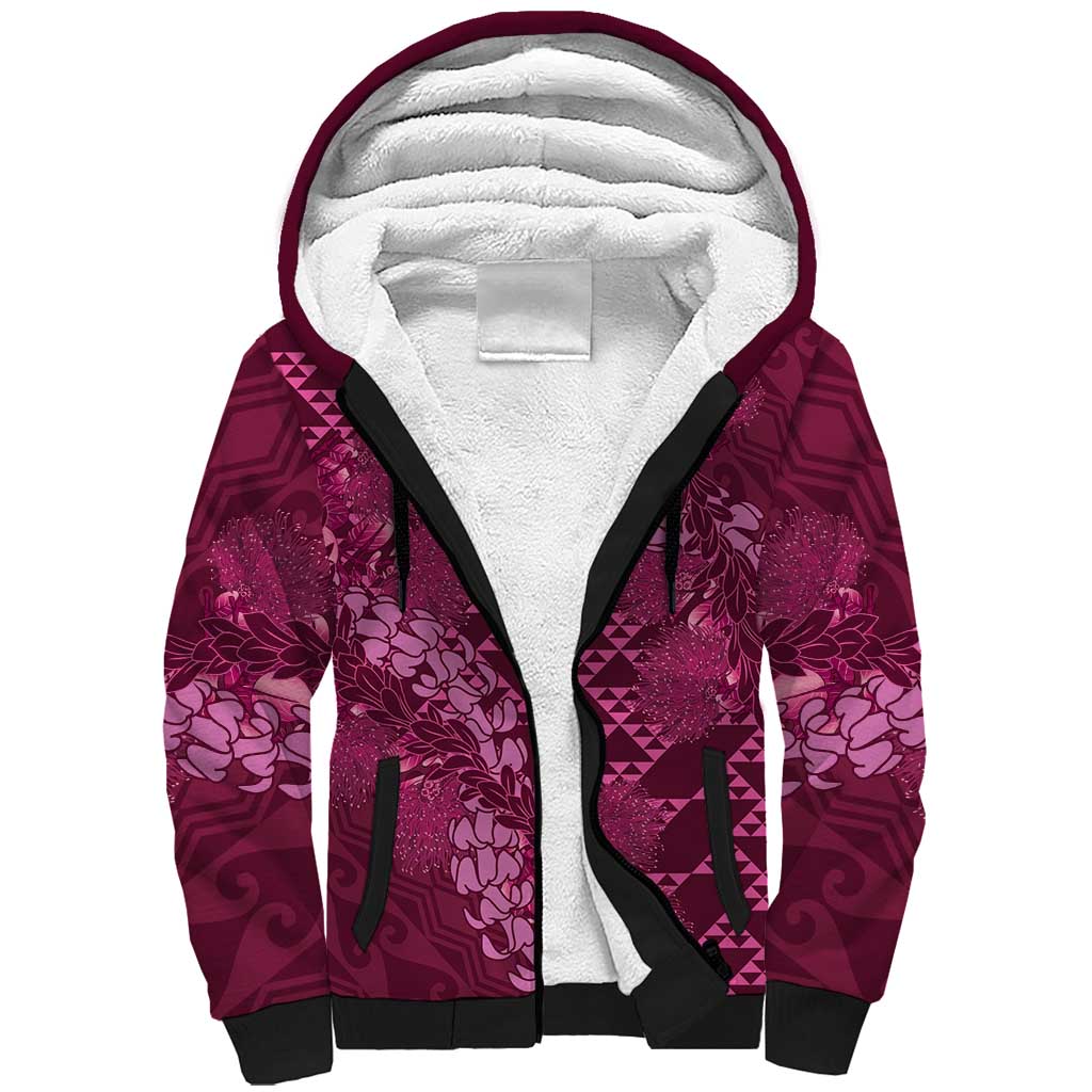 Pink Aloha Hawaii Sherpa Hoodie Hawaiian Kakau Ohia Lehua Lei - Polynesian Pride