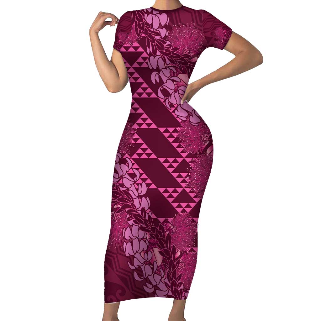 Pink Aloha Hawaii Short Sleeve Bodycon Dress Hawaiian Kakau Ohia Lehua Lei LT14 Long Dress Pink - Polynesian Pride