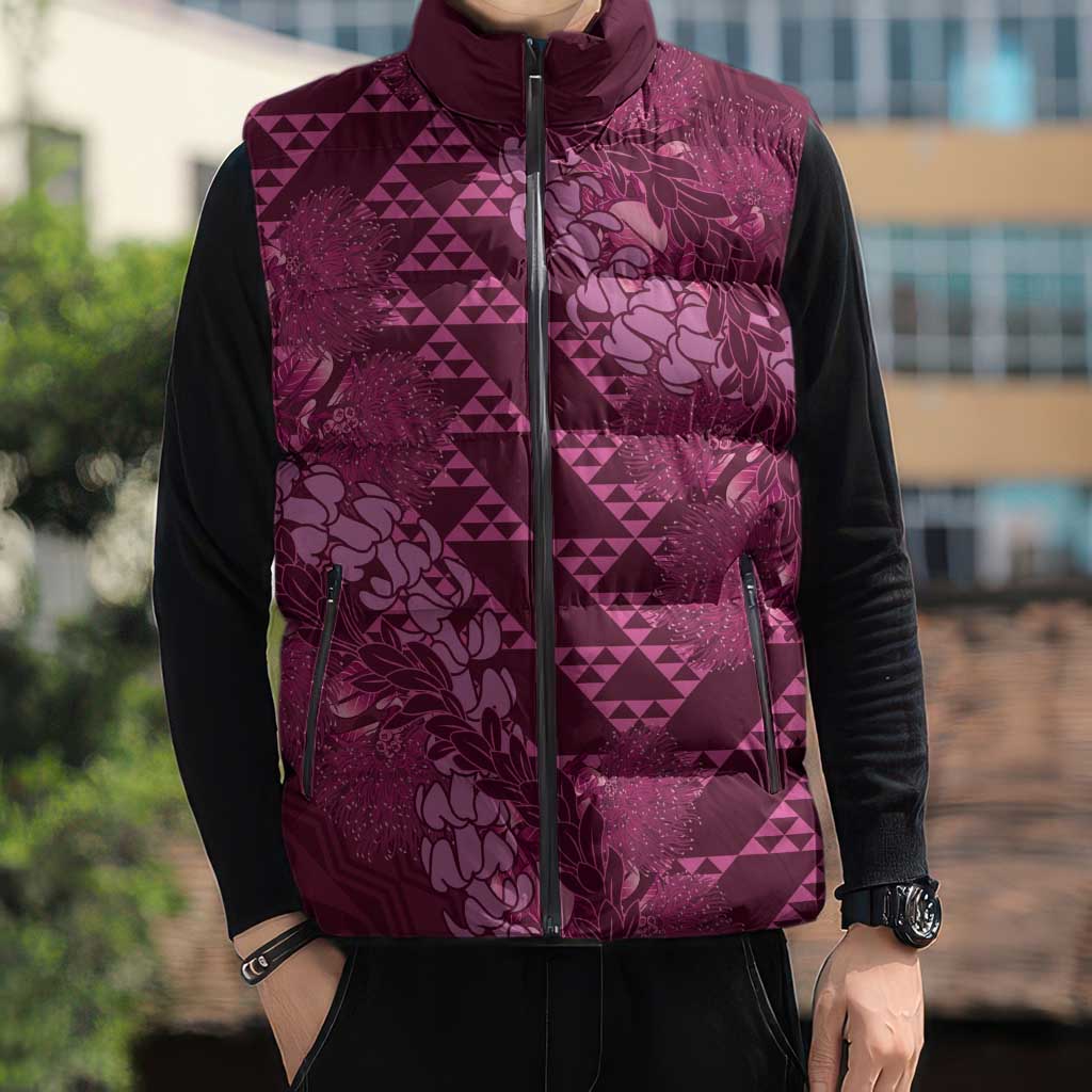 Pink Aloha Hawaii Sleeveless Puffer Jacket Hawaiian Kakau Ohia Lehua Lei - Polynesian Pride