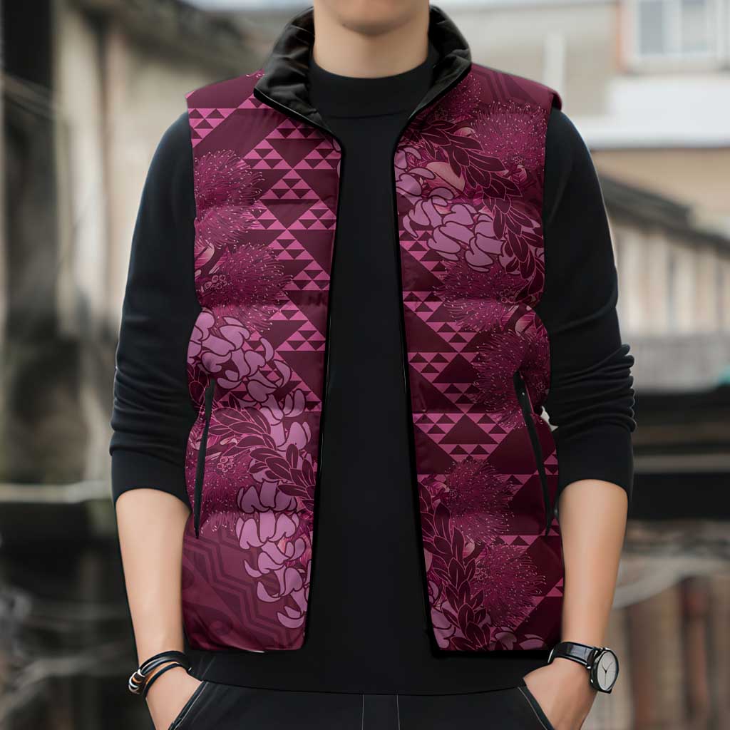 Pink Aloha Hawaii Sleeveless Puffer Jacket Hawaiian Kakau Ohia Lehua Lei - Polynesian Pride