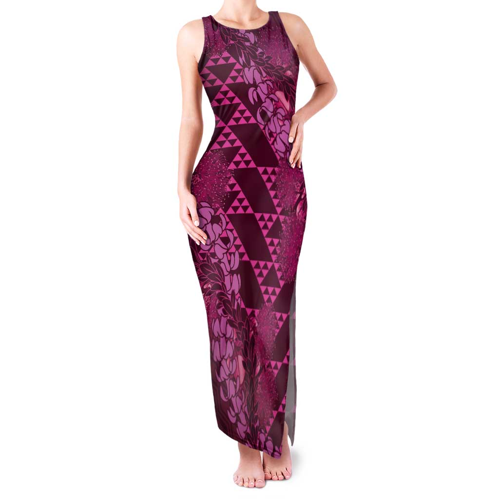 Pink Aloha Hawaii Tank Maxi Dress Hawaiian Kakau Ohia Lehua Lei - Polynesian Pride