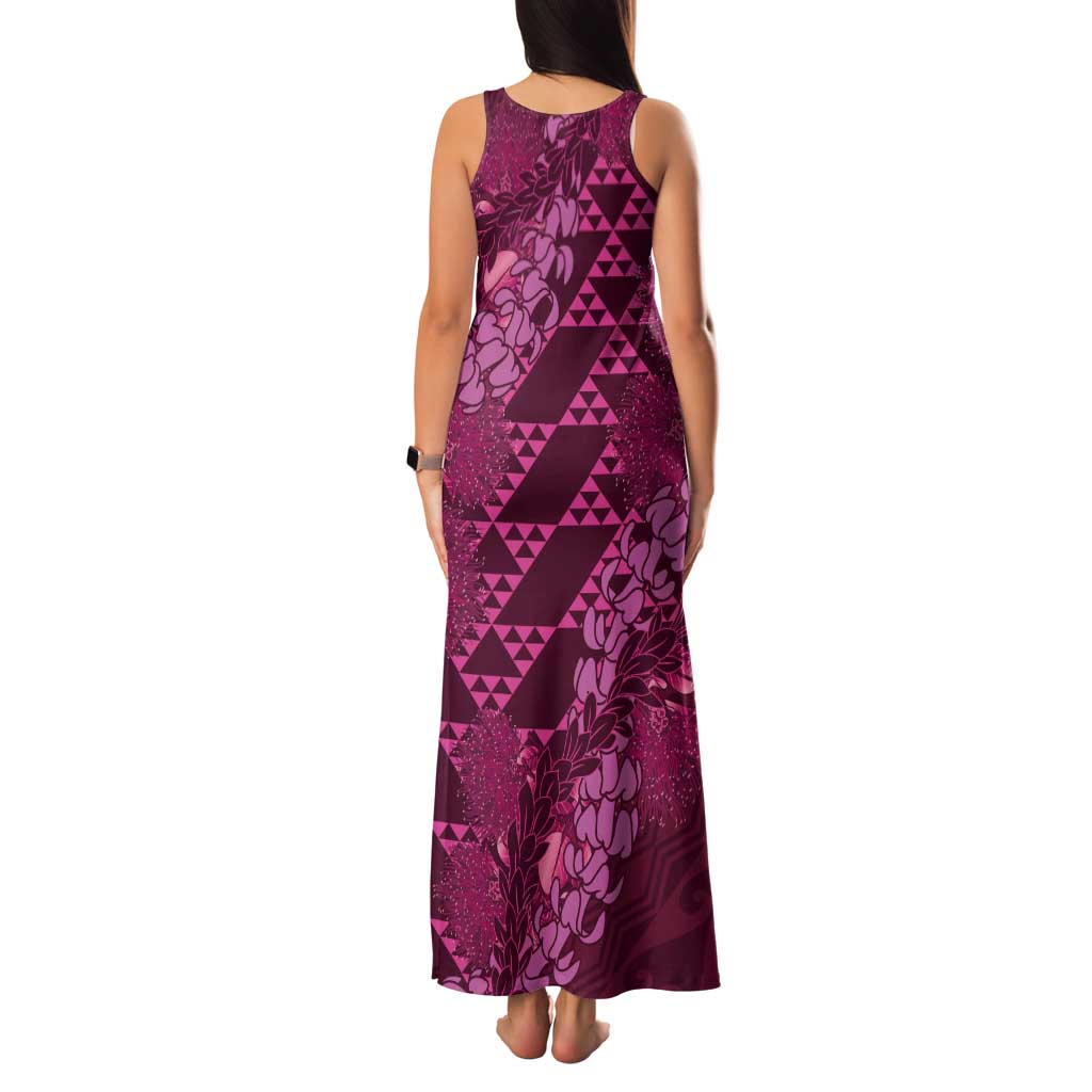 Pink Aloha Hawaii Tank Maxi Dress Hawaiian Kakau Ohia Lehua Lei - Polynesian Pride