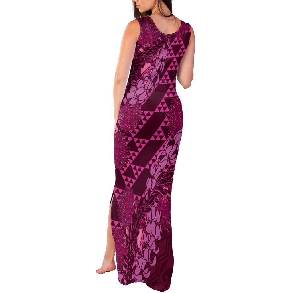 Pink Aloha Hawaii Tank Maxi Dress Hawaiian Kakau Ohia Lehua Lei - Polynesian Pride