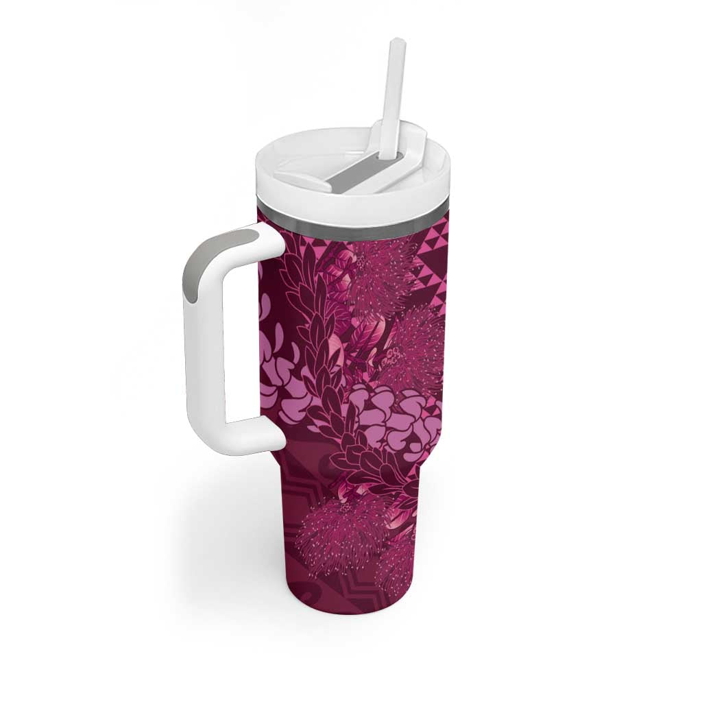 Pink Aloha Hawaii Tumbler With Handle Hawaiian Kakau Ohia Lehua Lei - Polynesian Pride