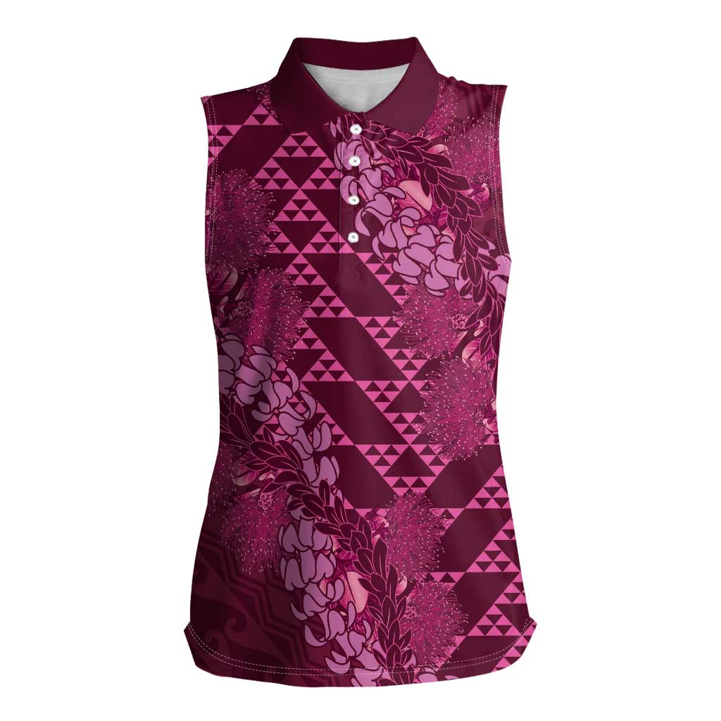 Pink Aloha Hawaii Women Sleeveless Polo Shirt Hawaiian Kakau Ohia Lehua Lei - Polynesian Pride