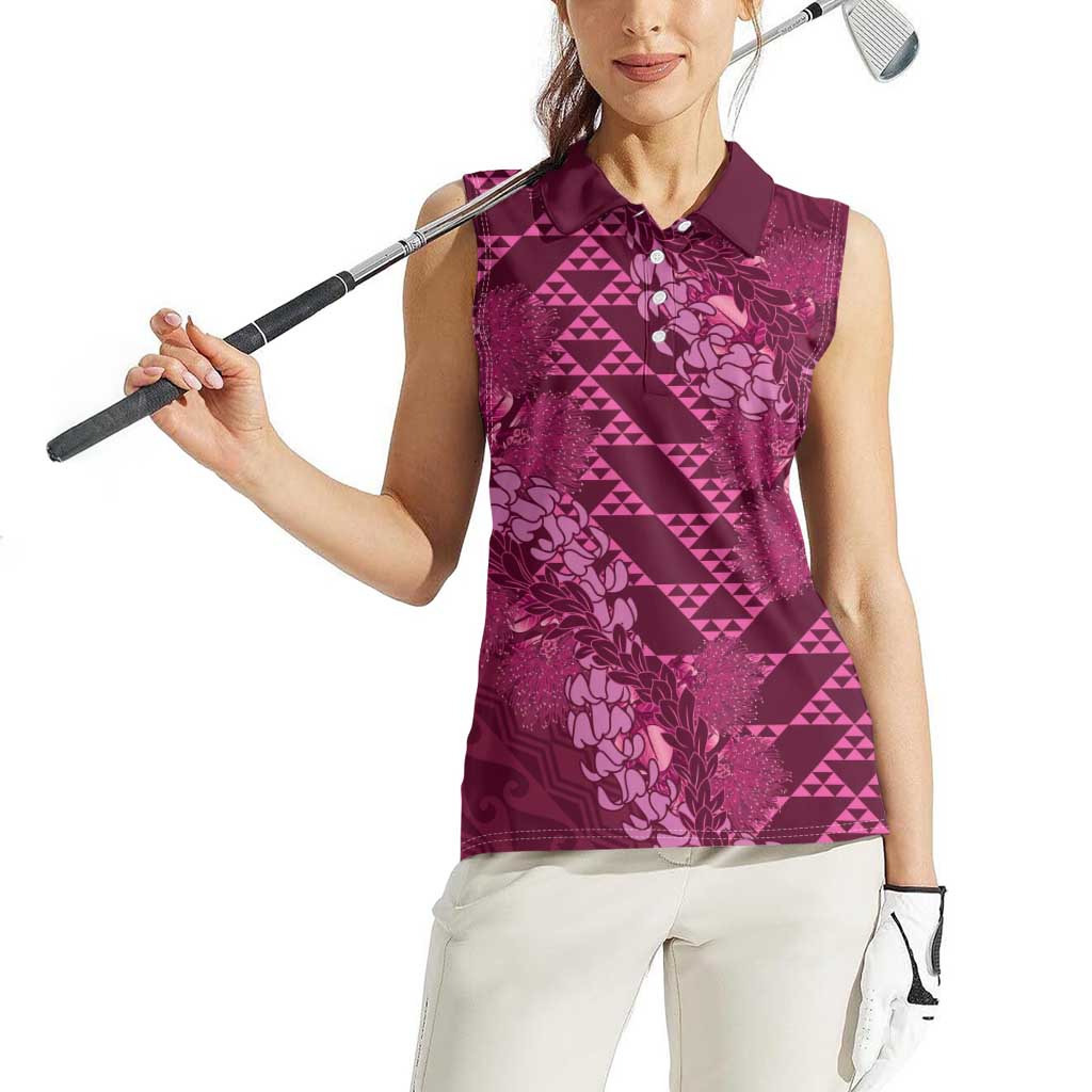 Pink Aloha Hawaii Women Sleeveless Polo Shirt Hawaiian Kakau Ohia Lehua Lei LT14 - Polynesian Pride