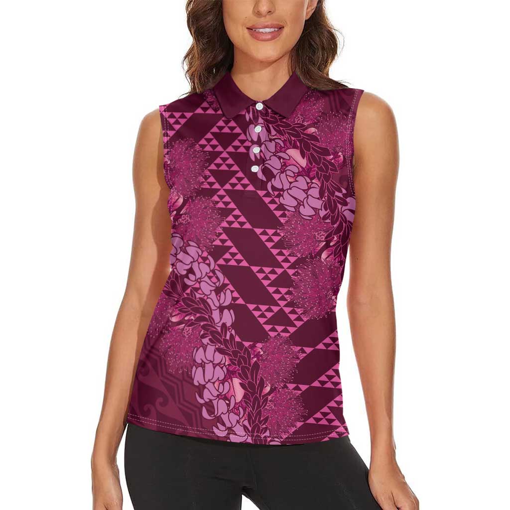 Pink Aloha Hawaii Women Sleeveless Polo Shirt Hawaiian Kakau Ohia Lehua Lei LT14 - Polynesian Pride