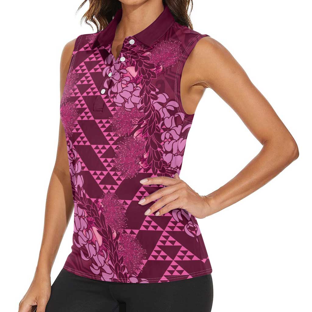 Pink Aloha Hawaii Women Sleeveless Polo Shirt Hawaiian Kakau Ohia Lehua Lei LT14 - Polynesian Pride