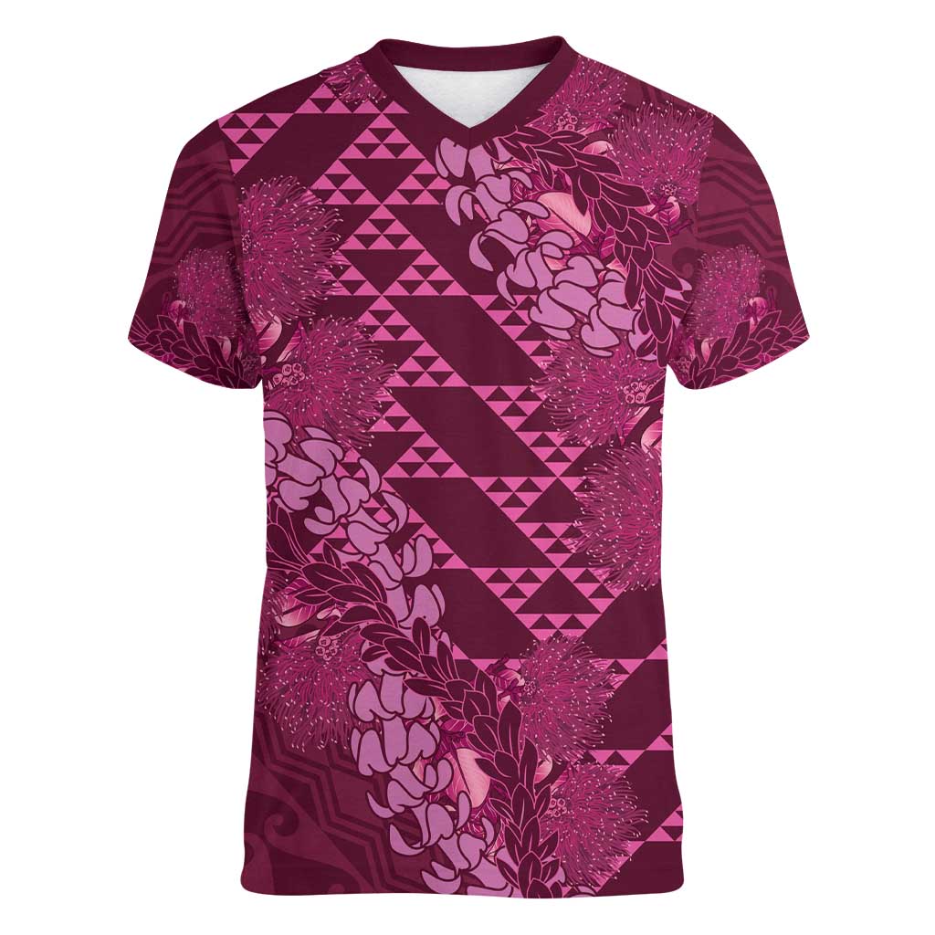 Pink Aloha Hawaii Women V-Neck T-Shirt Hawaiian Kakau Ohia Lehua Lei - Polynesian Pride