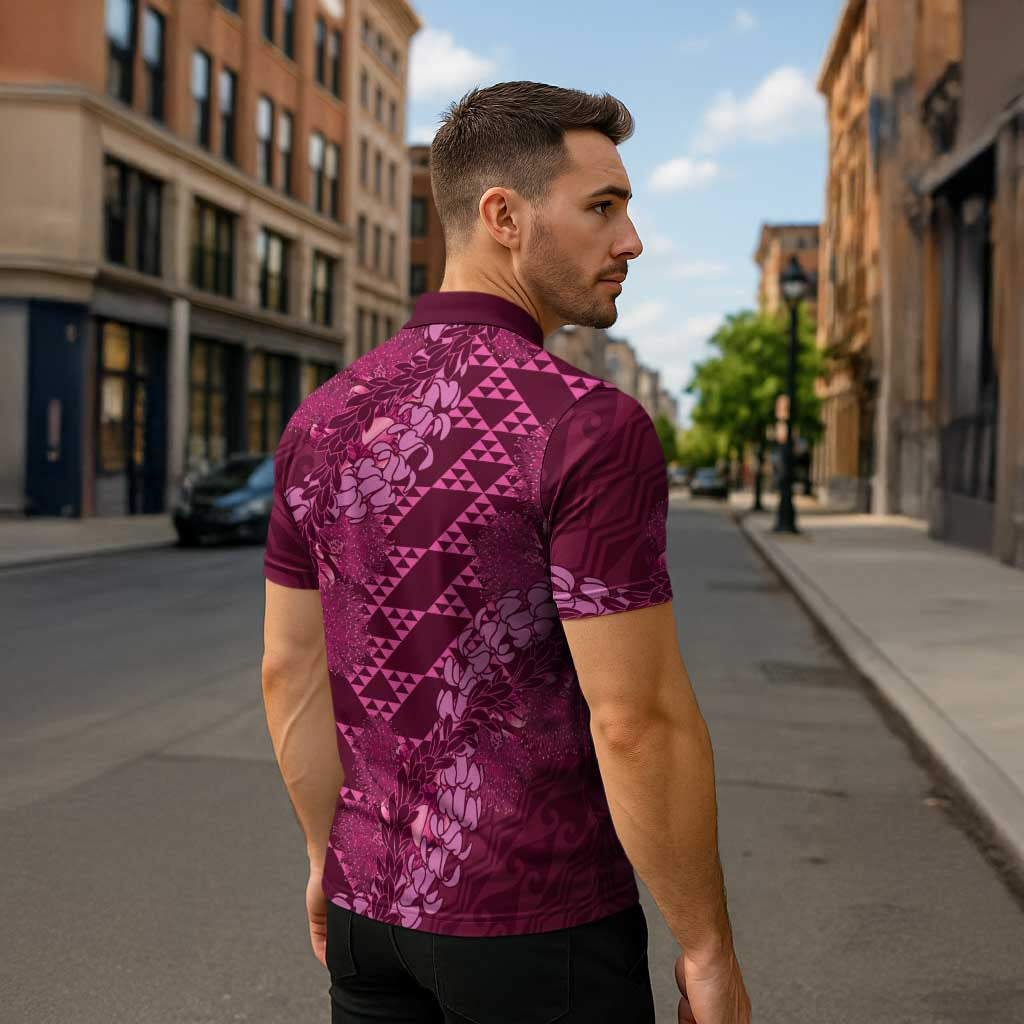 Pink Aloha Hawaii Zipper Polo Shirt Hawaiian Kakau Ohia Lehua Lei - Polynesian Pride