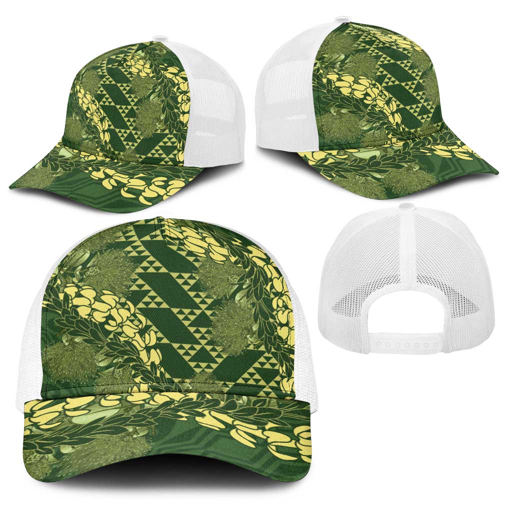 Green Aloha Hawaii Baseball Net Cap Hawaiian Kakau Ohia Lehua Lei - Polynesian Pride
