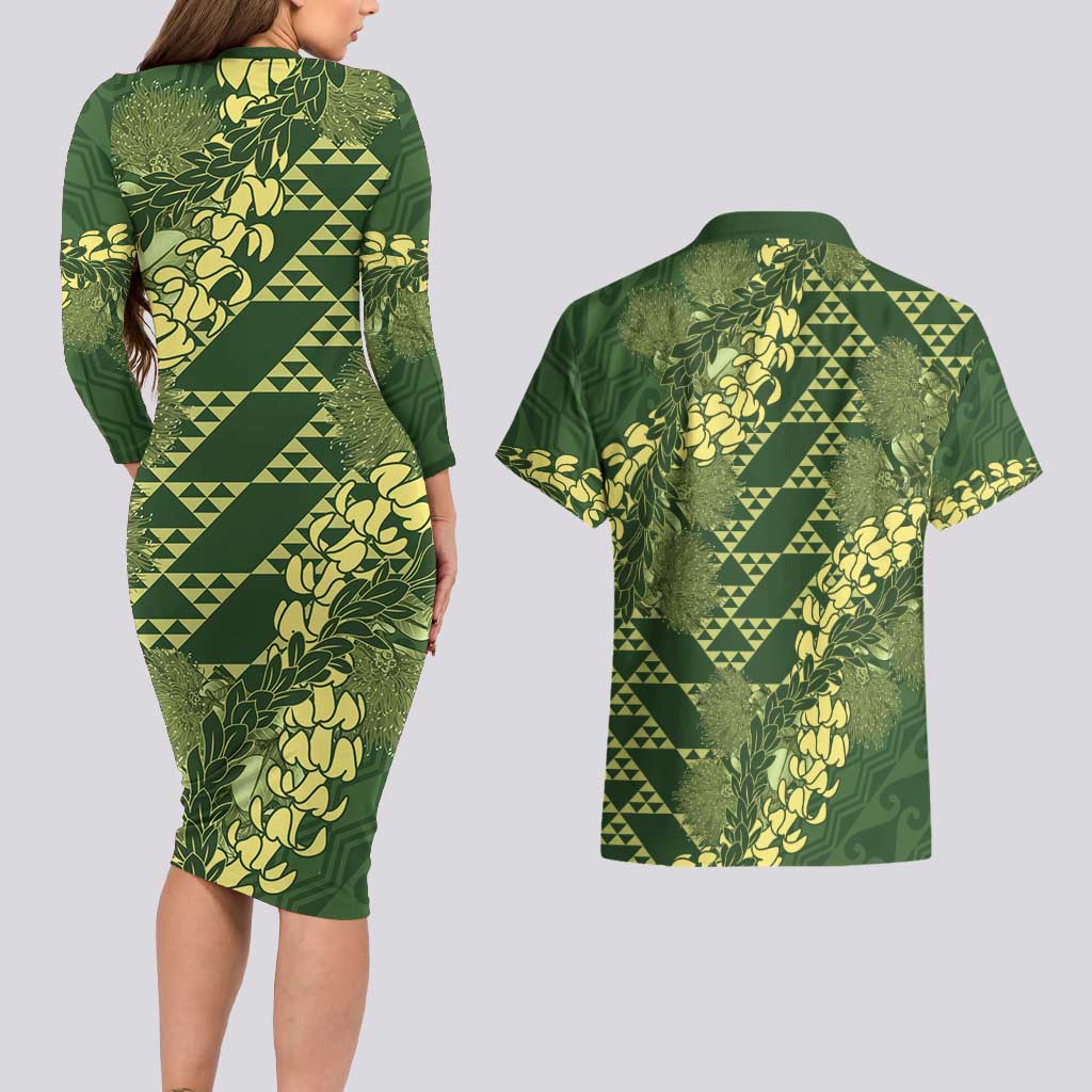 Green Aloha Hawaii Couples Matching Long Sleeve Bodycon Dress and Hawaiian Shirt Hawaiian Kakau Ohia Lehua Lei LT14 - Polynesian Pride