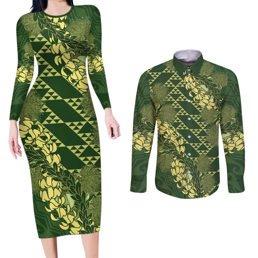 Green Aloha Hawaii Couples Matching Long Sleeve Bodycon Dress and Long Sleeve Button Shirt Hawaiian Kakau Ohia Lehua Lei LT14 Green - Polynesian Pride