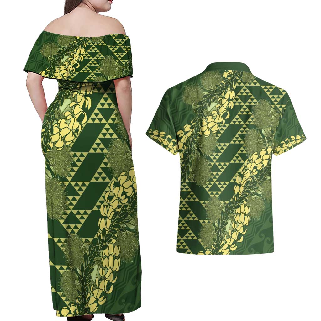 Green Aloha Hawaii Couples Matching Off Shoulder Maxi Dress and Hawaiian Shirt Hawaiian Kakau Ohia Lehua Lei LT14 - Polynesian Pride