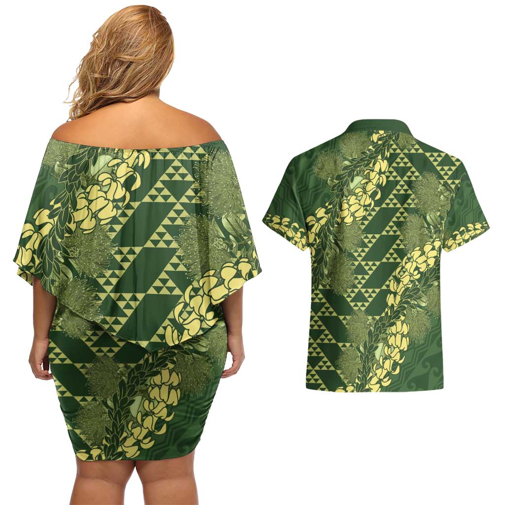 Green Aloha Hawaii Couples Matching Off Shoulder Short Dress and Hawaiian Shirt Hawaiian Kakau Ohia Lehua Lei LT14 - Polynesian Pride