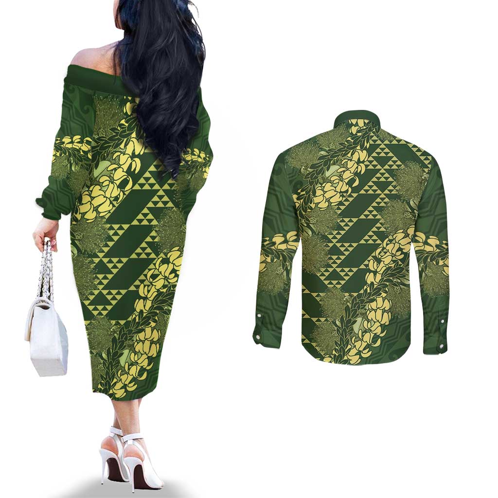 Green Aloha Hawaii Couples Matching Off The Shoulder Long Sleeve Dress and Long Sleeve Button Shirt Hawaiian Kakau Ohia Lehua Lei LT14 - Polynesian Pride