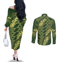 Green Aloha Hawaii Couples Matching Off The Shoulder Long Sleeve Dress and Long Sleeve Button Shirt Hawaiian Kakau Ohia Lehua Lei LT14 - Polynesian Pride
