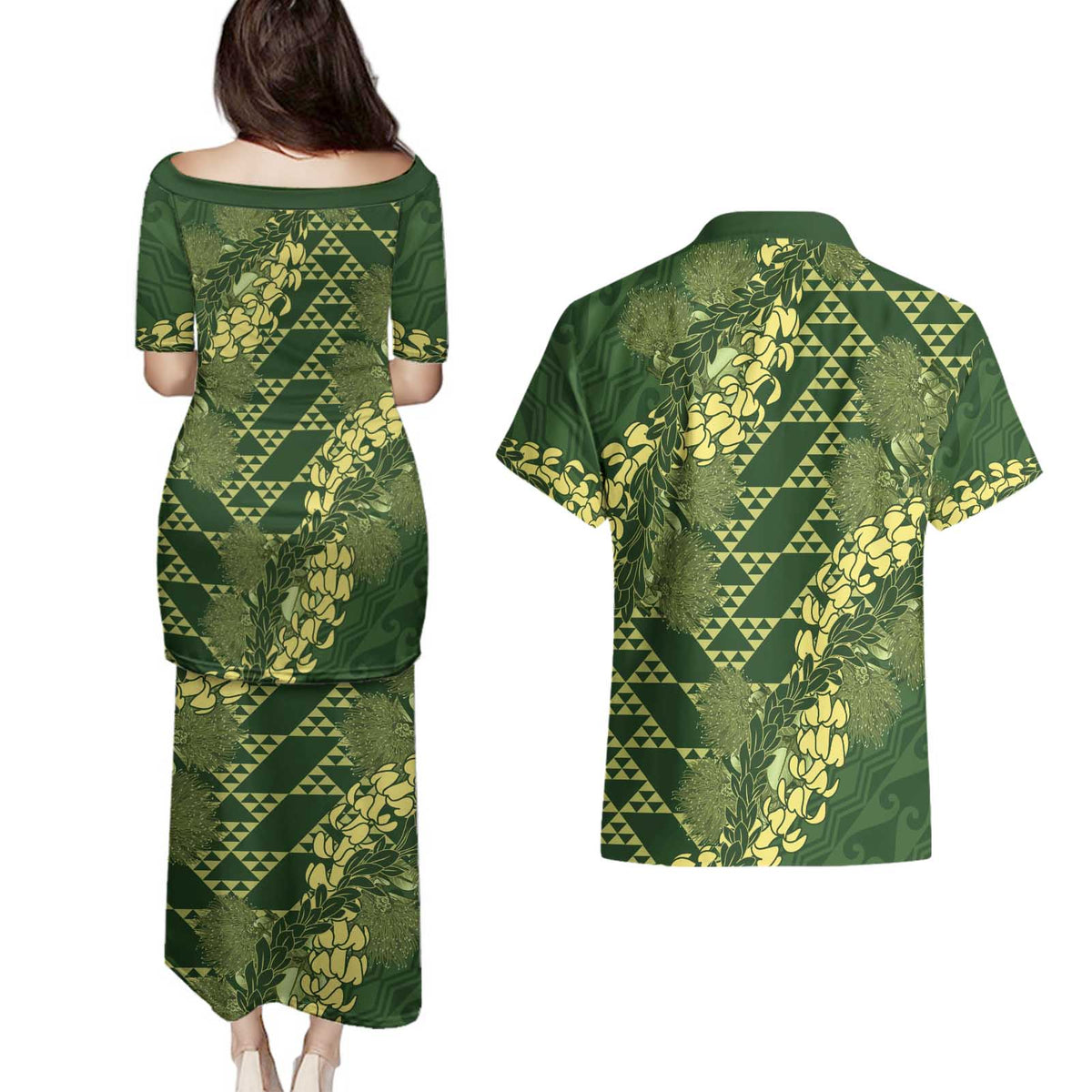 Green Aloha Hawaii Couples Matching Puletasi and Hawaiian Shirt Hawaiian Kakau Ohia Lehua Lei LT14 - Polynesian Pride
