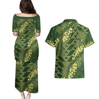 Green Aloha Hawaii Couples Matching Puletasi and Hawaiian Shirt Hawaiian Kakau Ohia Lehua Lei LT14 - Polynesian Pride