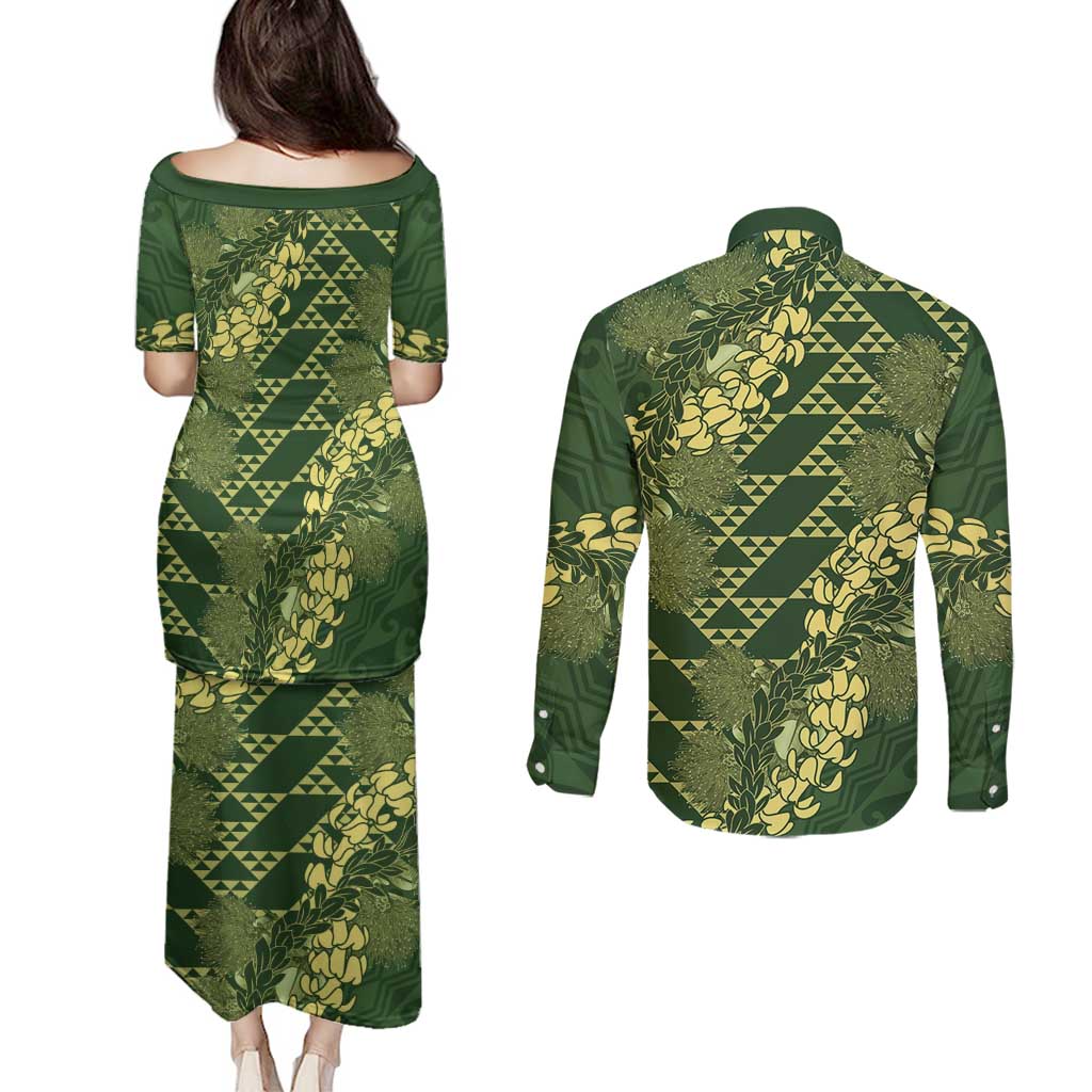 Green Aloha Hawaii Couples Matching Puletasi and Long Sleeve Button Shirt Hawaiian Kakau Ohia Lehua Lei - Polynesian Pride