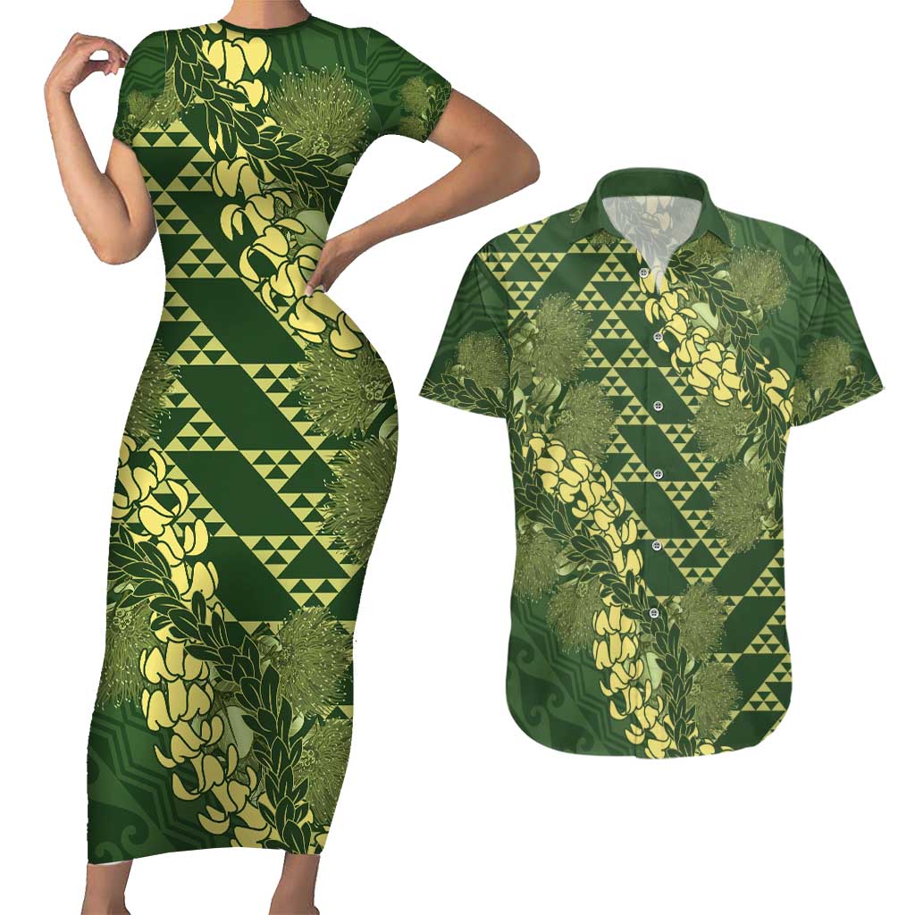 Green Aloha Hawaii Couples Matching Short Sleeve Bodycon Dress and Hawaiian Shirt Hawaiian Kakau Ohia Lehua Lei LT14 Green - Polynesian Pride