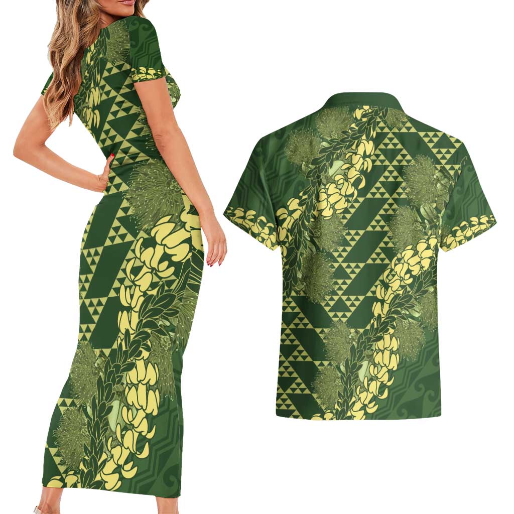 Green Aloha Hawaii Couples Matching Short Sleeve Bodycon Dress and Hawaiian Shirt Hawaiian Kakau Ohia Lehua Lei LT14 - Polynesian Pride
