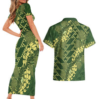 Green Aloha Hawaii Couples Matching Short Sleeve Bodycon Dress and Hawaiian Shirt Hawaiian Kakau Ohia Lehua Lei LT14 - Polynesian Pride