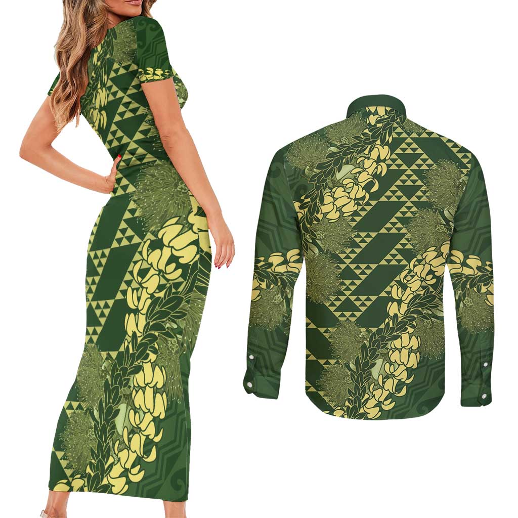 Green Aloha Hawaii Couples Matching Short Sleeve Bodycon Dress and Long Sleeve Button Shirt Hawaiian Kakau Ohia Lehua Lei LT14 - Polynesian Pride
