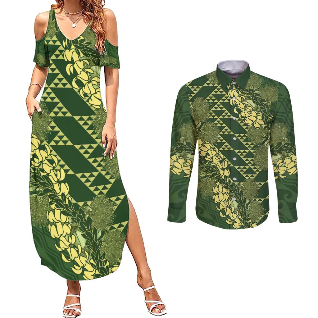 Green Aloha Hawaii Couples Matching Summer Maxi Dress and Long Sleeve Button Shirt Hawaiian Kakau Ohia Lehua Lei LT14 Green - Polynesian Pride