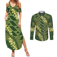 Green Aloha Hawaii Couples Matching Summer Maxi Dress and Long Sleeve Button Shirt Hawaiian Kakau Ohia Lehua Lei LT14 Green - Polynesian Pride