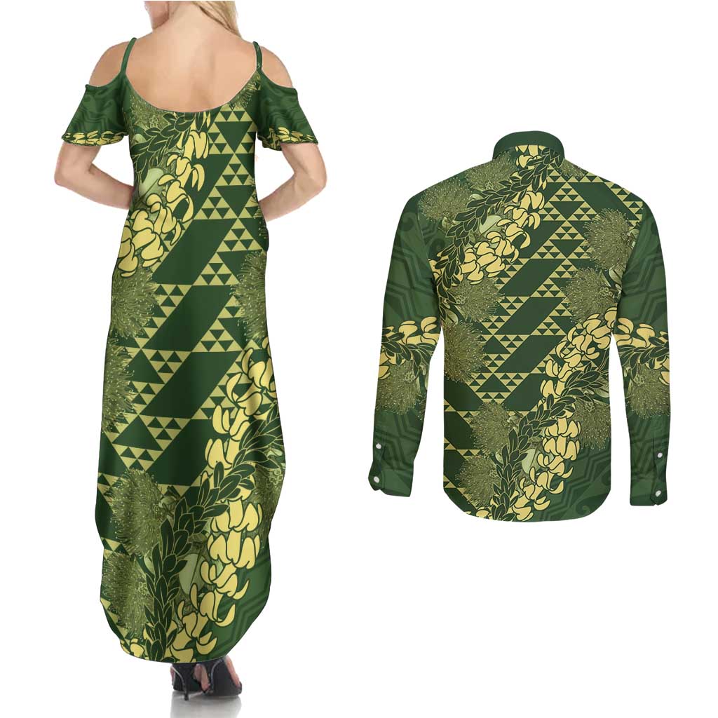 Green Aloha Hawaii Couples Matching Summer Maxi Dress and Long Sleeve Button Shirt Hawaiian Kakau Ohia Lehua Lei LT14 - Polynesian Pride