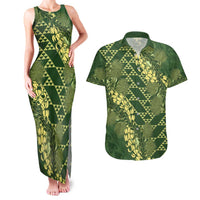Green Aloha Hawaii Couples Matching Tank Maxi Dress and Hawaiian Shirt Hawaiian Kakau Ohia Lehua Lei LT14 Green - Polynesian Pride