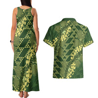 Green Aloha Hawaii Couples Matching Tank Maxi Dress and Hawaiian Shirt Hawaiian Kakau Ohia Lehua Lei LT14 - Polynesian Pride