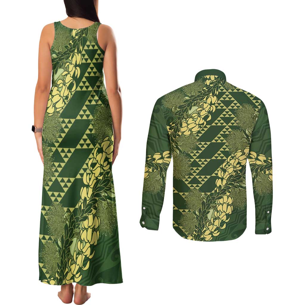 Green Aloha Hawaii Couples Matching Tank Maxi Dress and Long Sleeve Button Shirt Hawaiian Kakau Ohia Lehua Lei LT14 - Polynesian Pride